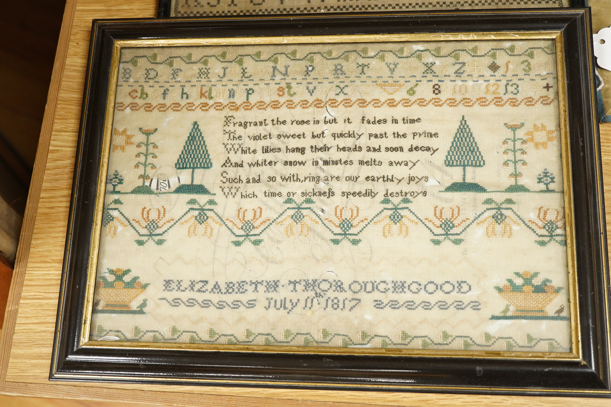 Three early 19th century samplers. One by Elizabeth Thoroughgood dated July 11th 1817, another from Ellen to Caroline, 22nd August 1829 and the third by Jane Hall aged 11, 1829. The first finely embroidered with a verse